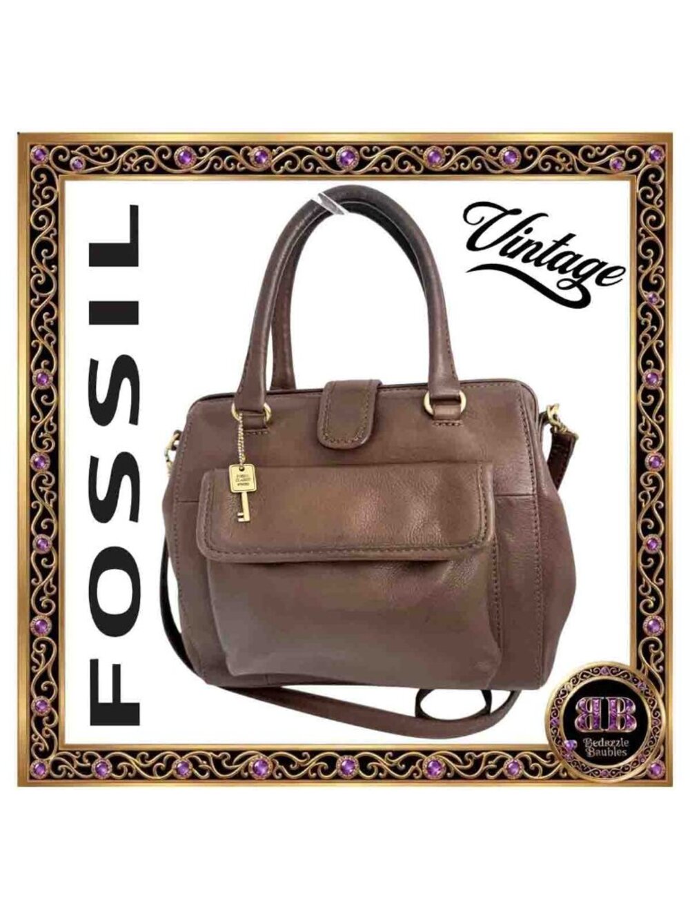 Fossil Vintage Brown Leather Framed Satchel With Shoulder Strap Purse With Key